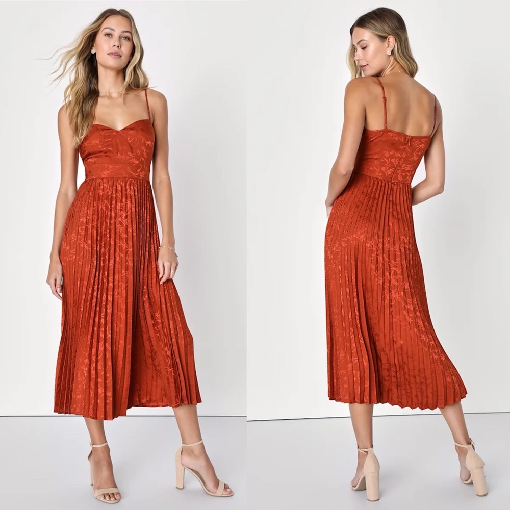 Lulus Regal Romance Rust Floral Jacquard Pleated Satin Midi Dress Medium Orange - Picture 7 of 7